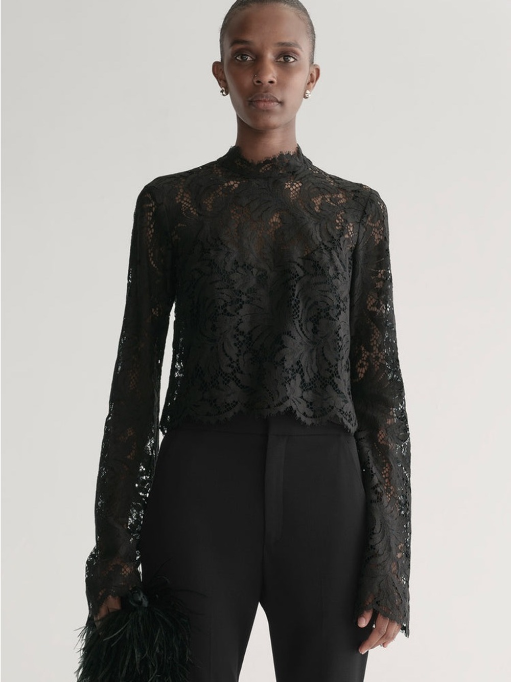 A.L.C. Black Floral Lace High-Neck Long-Sleeve Top